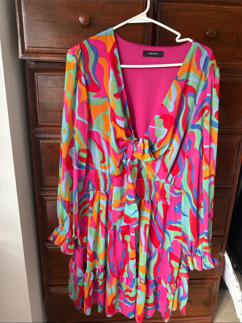 Amazon Pink Multi-Color Long Sleeve Tie-Front Dress